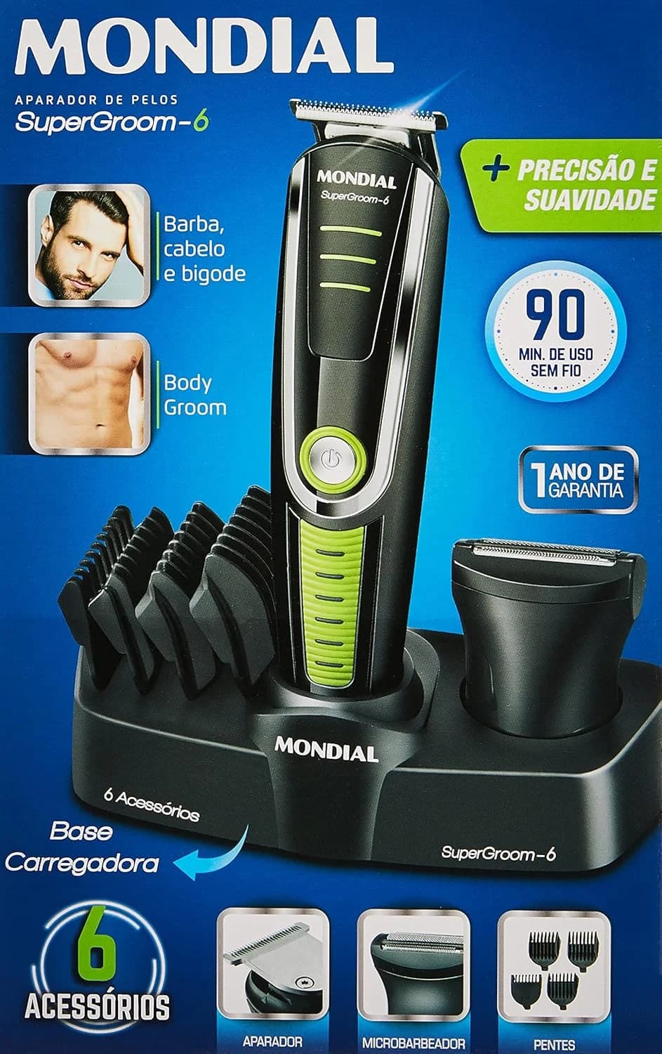 Aparador de Pelos Super Groom 06, Mondial, Preto/Verde, 6W, Bivolt - BG-04