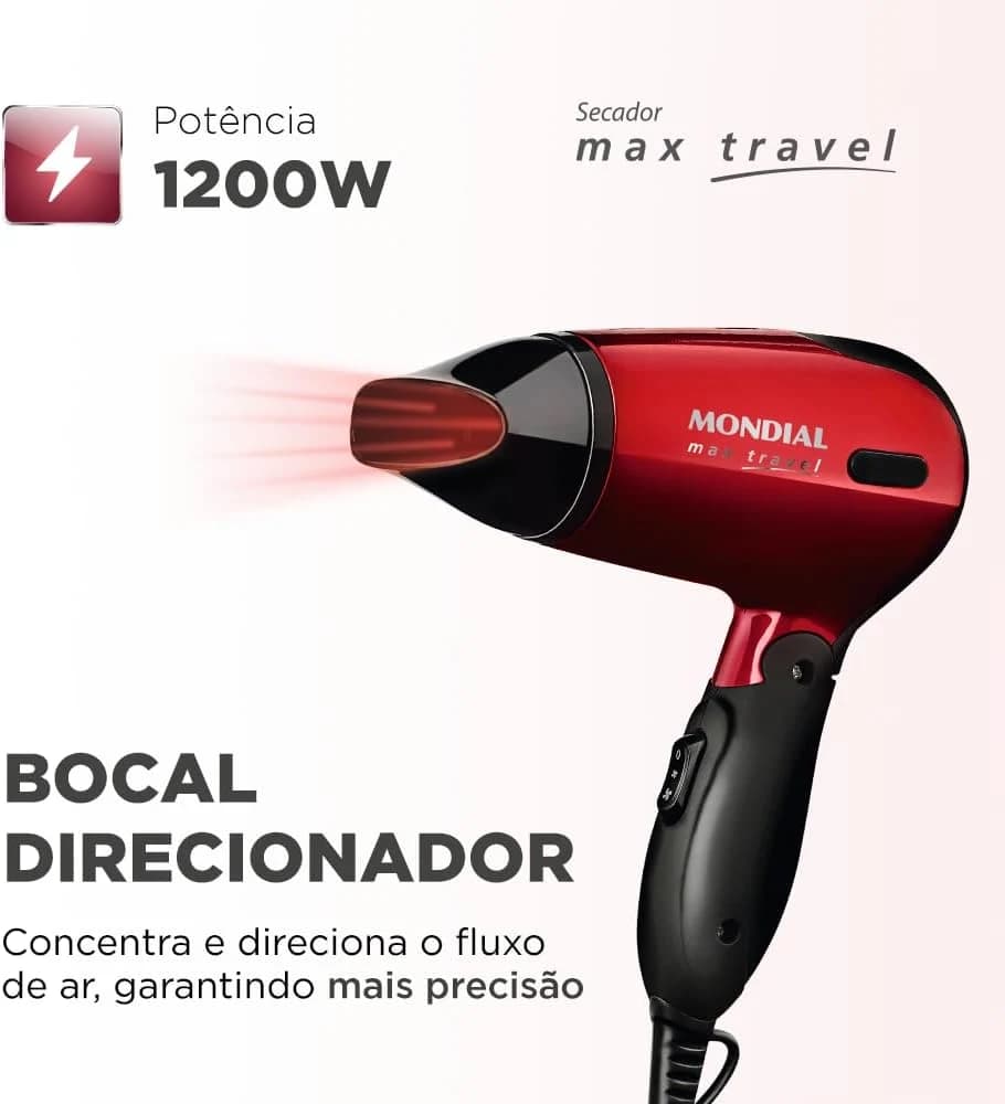 Secador Mondial, Max Travel, Bivolt, Preto/Vermelho, 1200W - SC-10