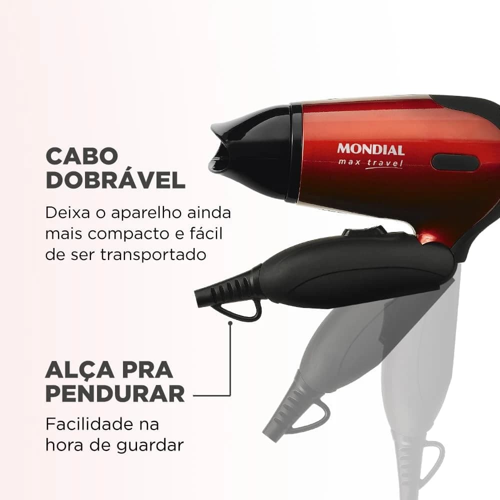 Secador Mondial, Max Travel, Bivolt, Preto/Vermelho, 1200W - SC-10
