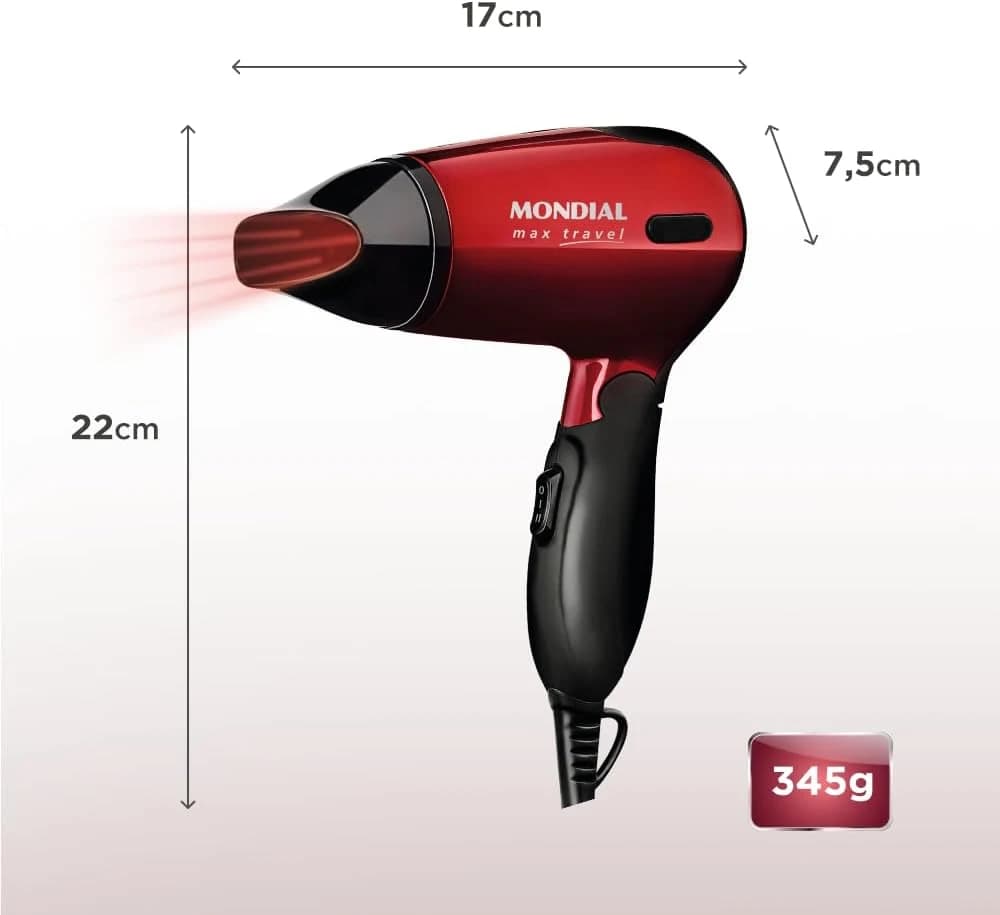 Secador Mondial, Max Travel, Bivolt, Preto/Vermelho, 1200W - SC-10