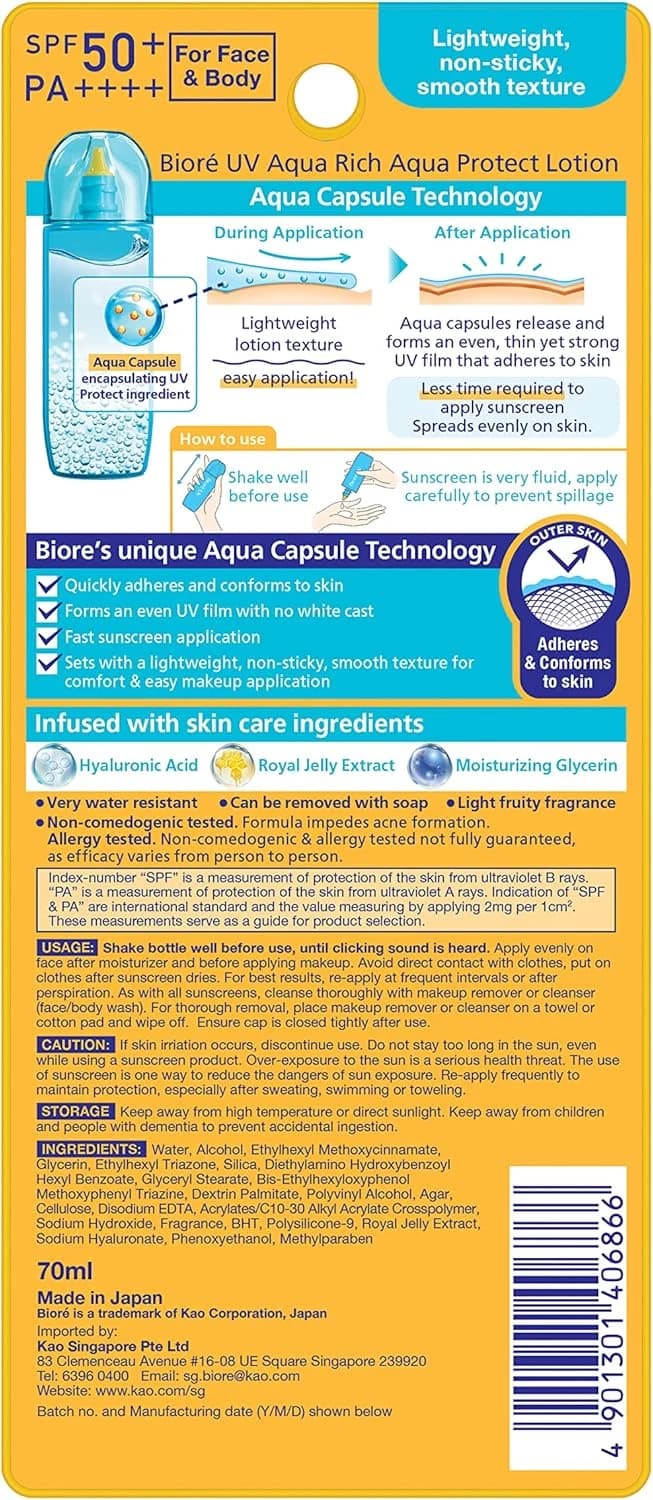 Protetor Solar Facial Bioré Uv Aqua Rich Protect Lotion Fps 50 70 ml
