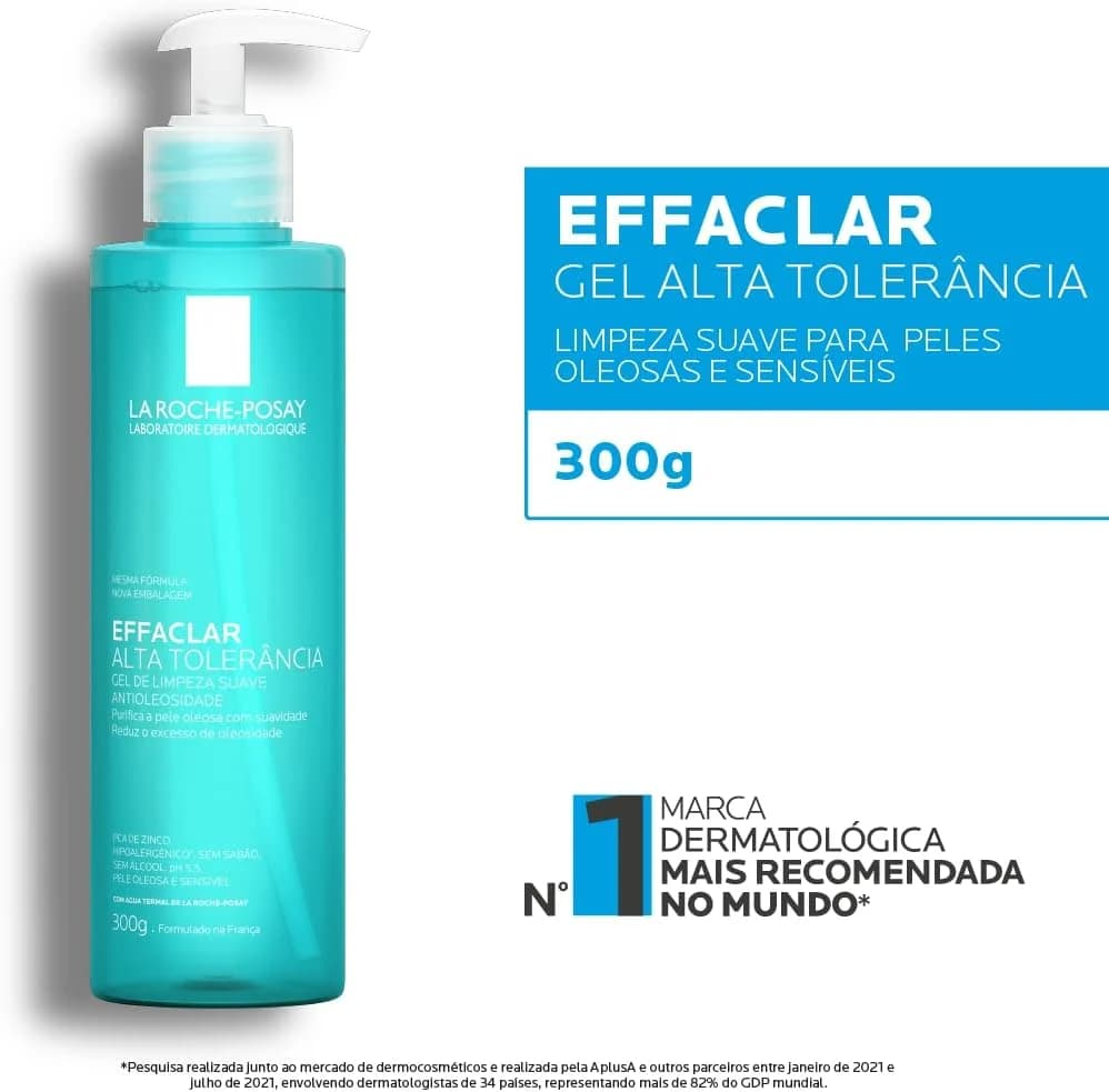 La Roche-posay Effaclar Gel Alta Tolerância. Pele Oleosa e Sensível. Caprylyl Glycol, Glicerina, PCA de Zinco. 300g