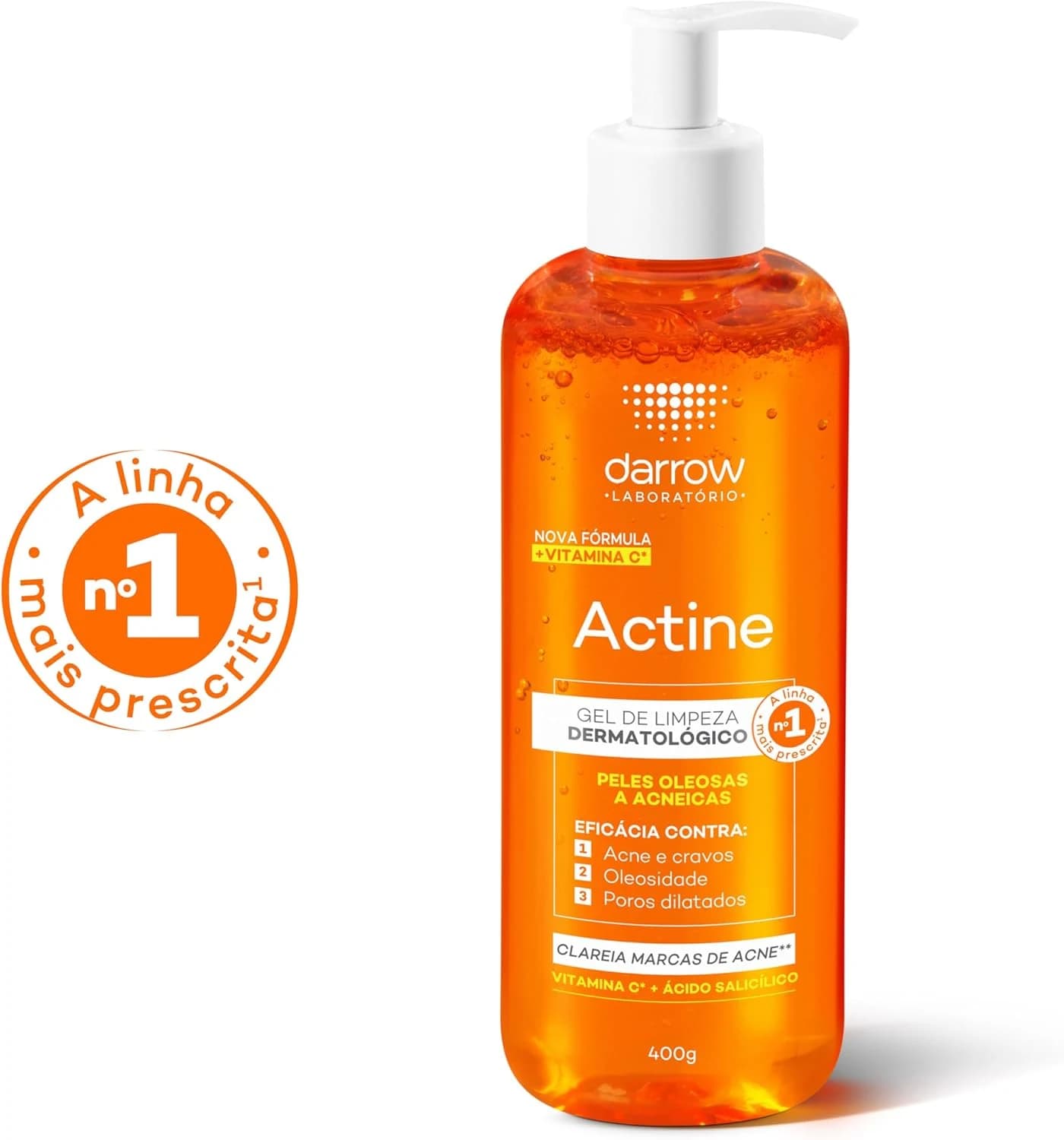 Darrow Actine Gel de Limpeza Facial com Ácido Salicílico, Vitamina C e Lactato de Mentila, 400g