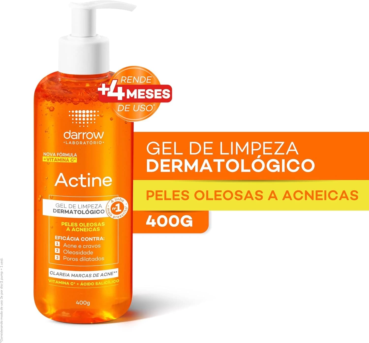 Darrow Actine Gel de Limpeza Facial com Ácido Salicílico, Vitamina C e Lactato de Mentila, 400g