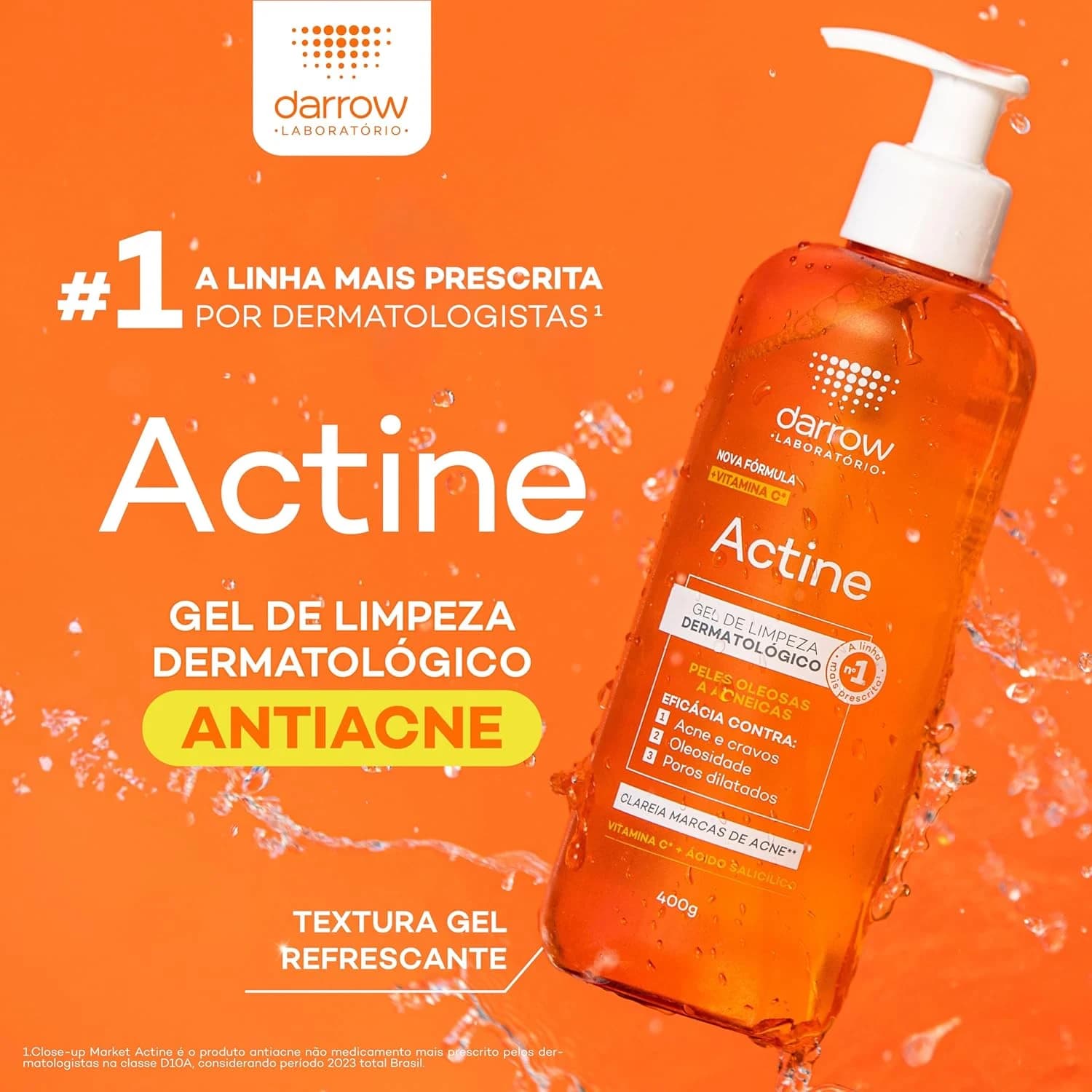 Darrow Actine Gel de Limpeza Facial com Ácido Salicílico, Vitamina C e Lactato de Mentila, 400g