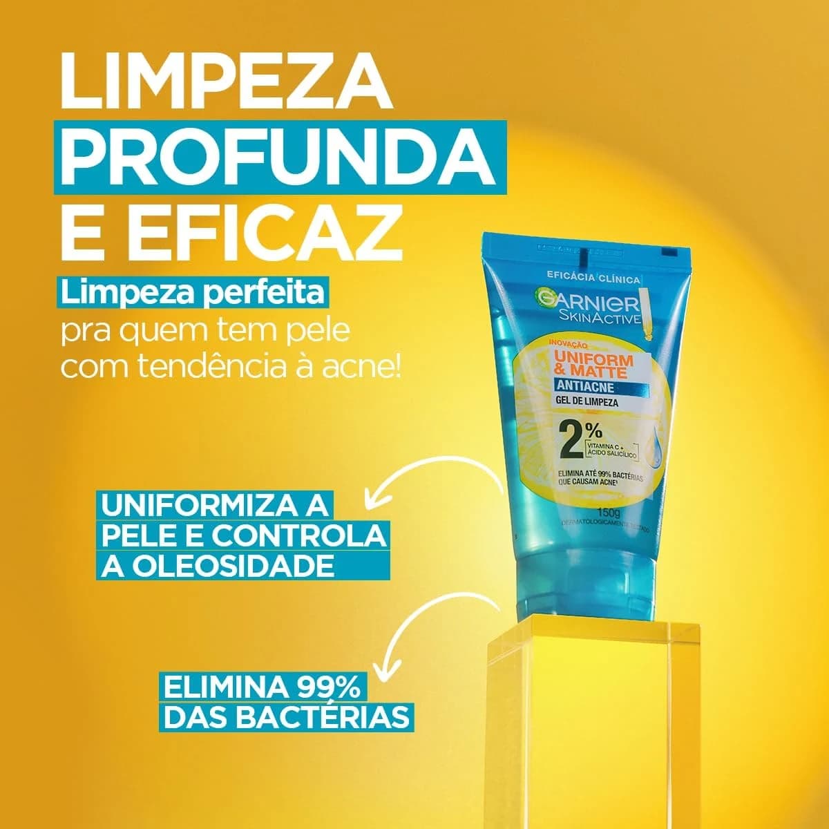Garnier Uniform & Matte, Gel de Limpeza Facial com Ácido Salicílico e Vitamina C, 150g