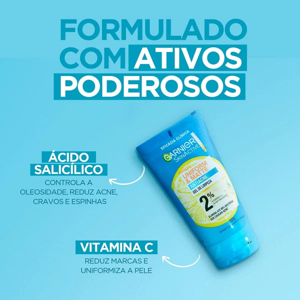 Garnier Uniform & Matte, Gel de Limpeza Facial com Ácido Salicílico e Vitamina C, 150g