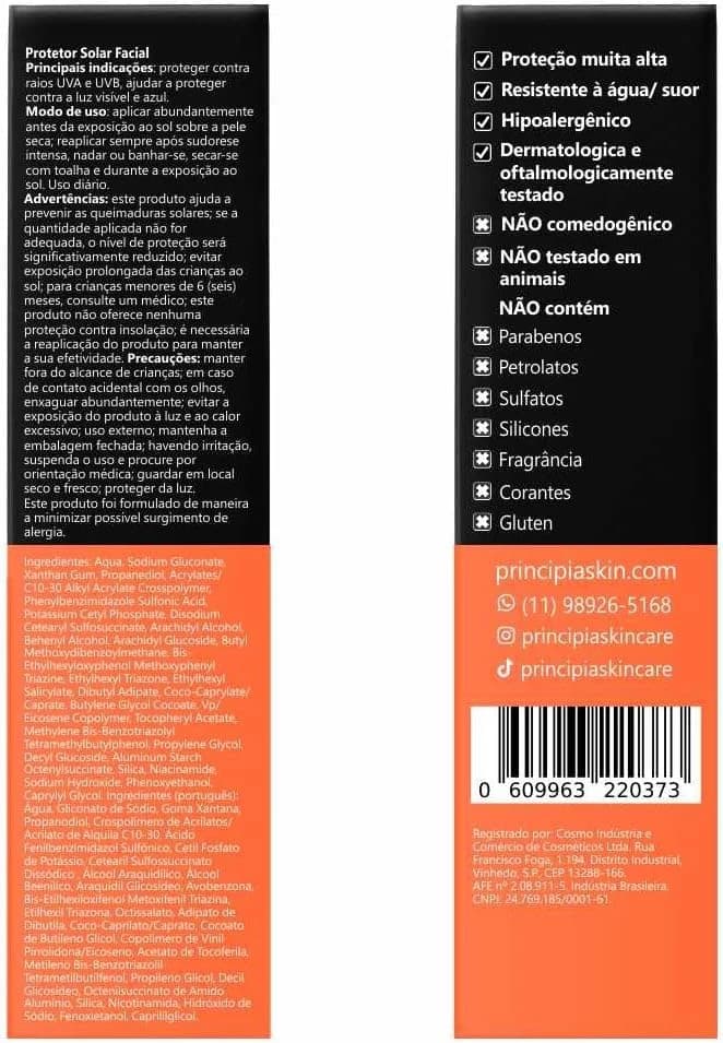PRINCIPIA, Protetor Solar Facial FPS 60, PS-01, 40ml