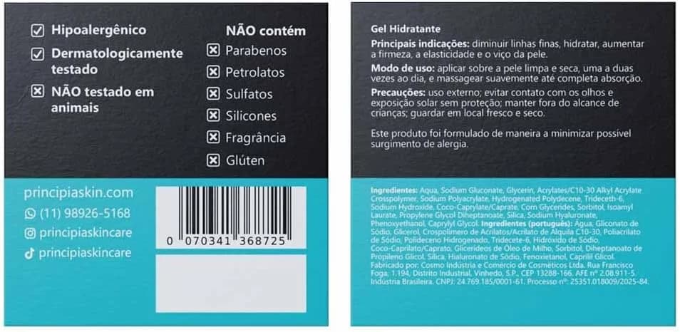 PRINCIPIA, Gel Hidratante Facial 1% Ácidos Hialurônicos + 5% Glicerina GH-01 com 50g