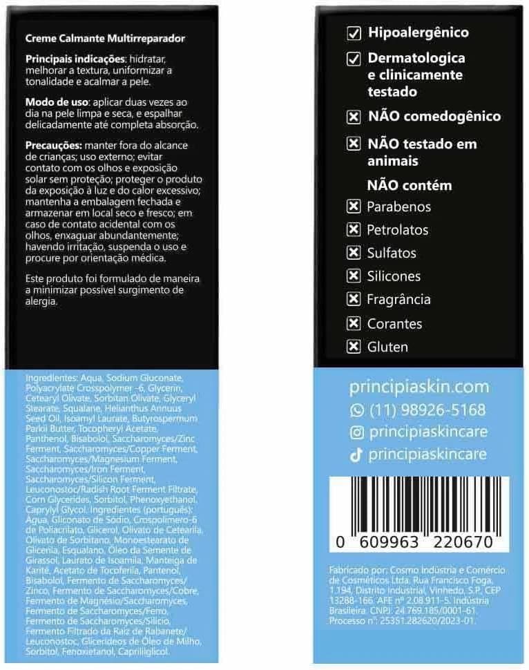 PRINCIPIA, Creme Facial Calmante Multirreparador 17,5% Mix de Ativos CM-01