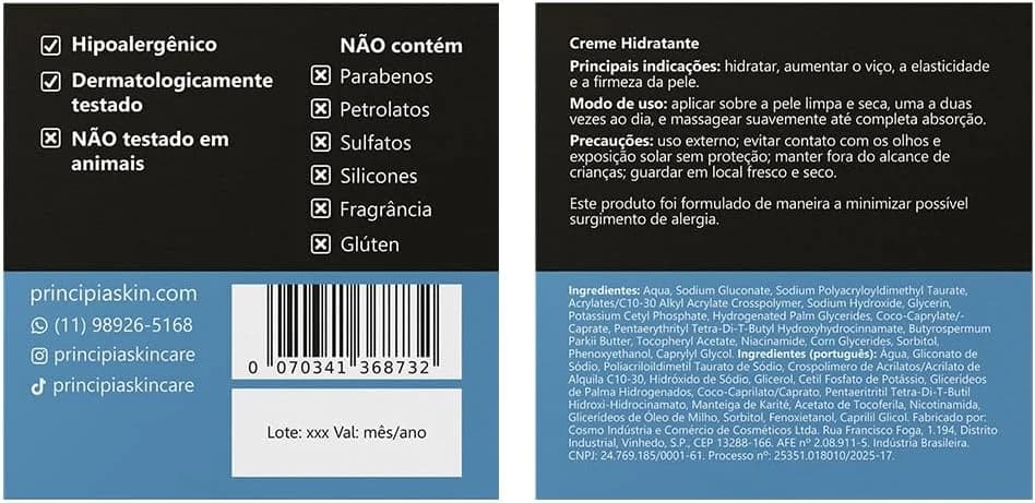 PRINCIPIA, Creme Hidratante Facial 5% Manteiga de Karité + 5% Glicerina + 2% Niacinamida 50g