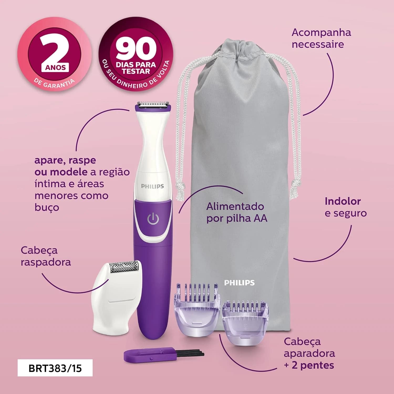 Aparador Elétrico Feminino Philips Essencial BRT383/15 para Pelos Íntimos