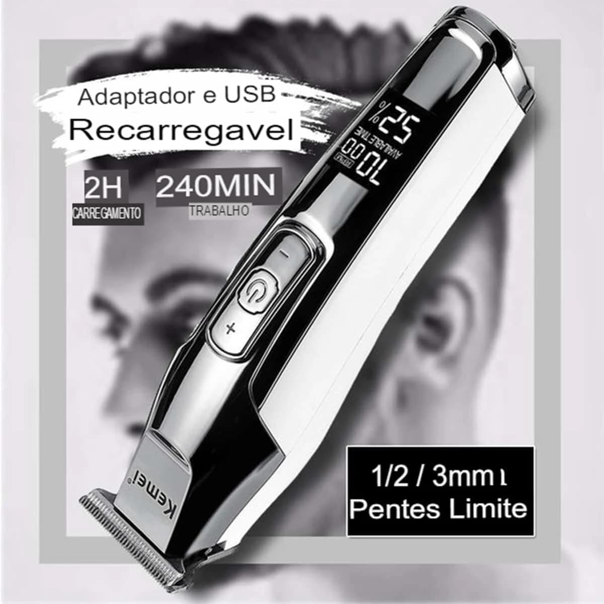 KEMEI ‎XSH-5027 Aparador de cabelo masculino sem fio, recarregável por USB, Prata
